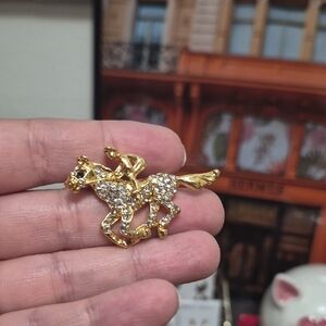 Gold Tone Crystal Horse and Jockey Brooch